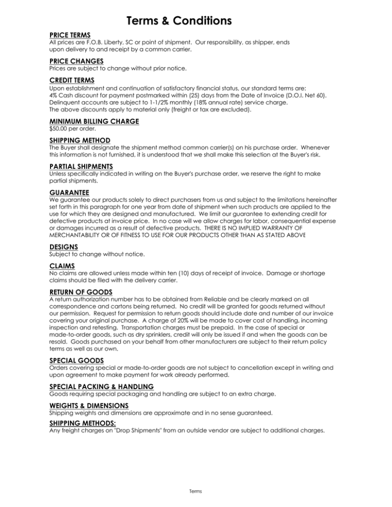 Terms & Conditions PRICE TERMS Terms & Conditions PRICE TERMS