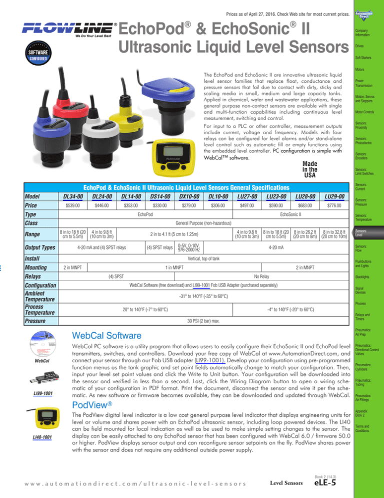 Flowline EchoPod DS14 Ultrasonic Liq Level Switch & Controller Flowline EchoPod DS14 Ultrasonic Liq Level Switch & Controller