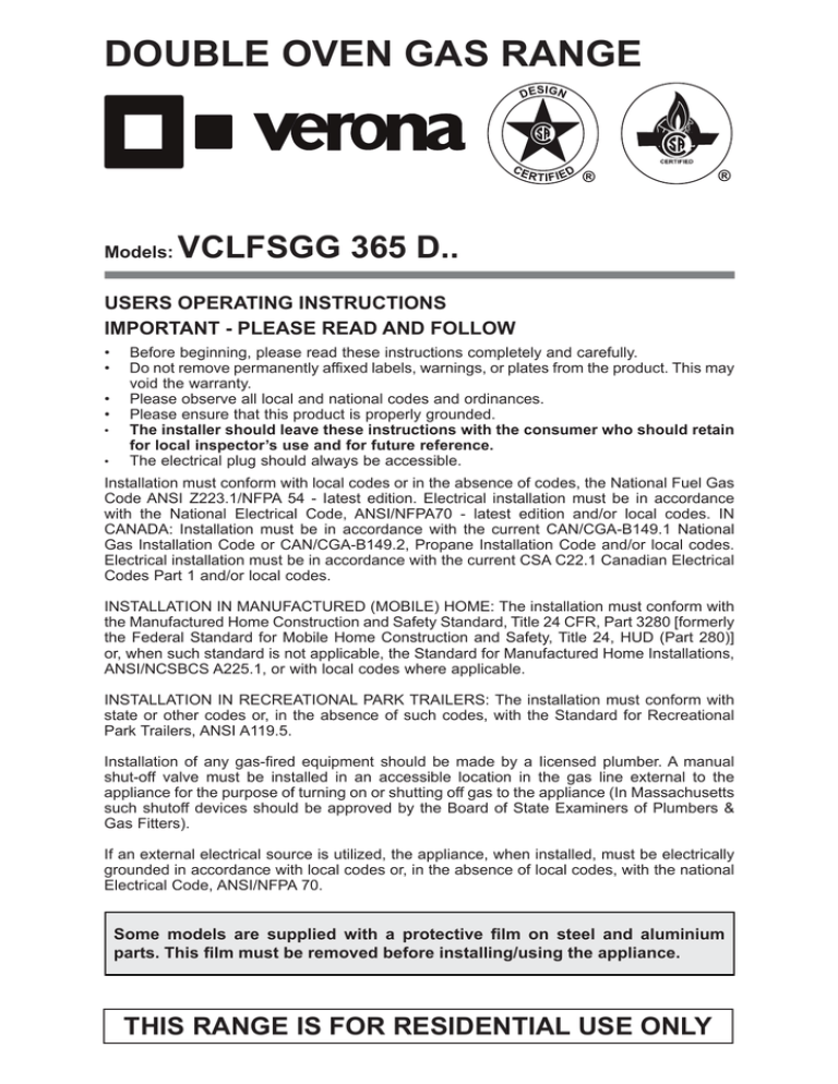 DOUBLE OVEN GAS RANGE VCLFSGG 365 D.. USERS OPERATING INSTRUCTIONS DOUBLE OVEN GAS RANGE VCLFSGG 365 D.. USERS OPERATING INSTRUCTIONS