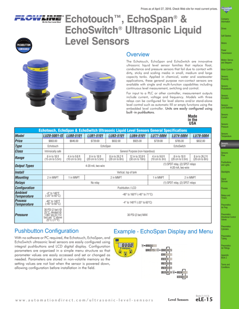 Flowline EchoSpan LU80 Ultrasonic Level Transmitter Specs Flowline EchoSpan LU80 Ultrasonic Level Transmitter Specs