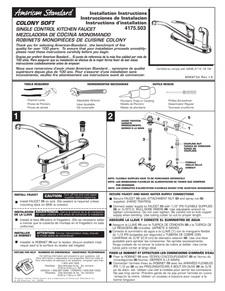 4175.503 Installation Instructions Instrucciones de Instalacion Instructions d'installation 4175.503 Installation Instructions Instrucciones de Instalacion Instructions d'installation