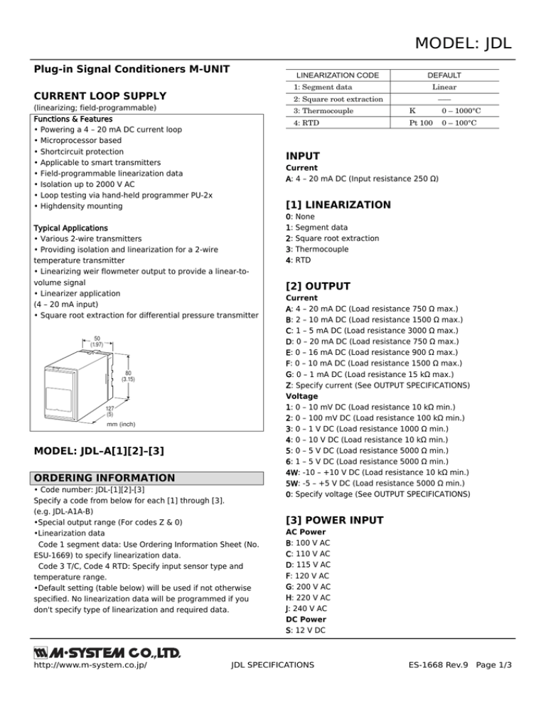 MODEL: JDL Plug-in Signal Conditioners M-UNIT CURRENT LOOP SUPPLY (linearizing; field-programmable) MODEL: JDL Plug-in Signal Conditioners M-UNIT CURRENT LOOP SUPPLY (linearizing; field-programmable)