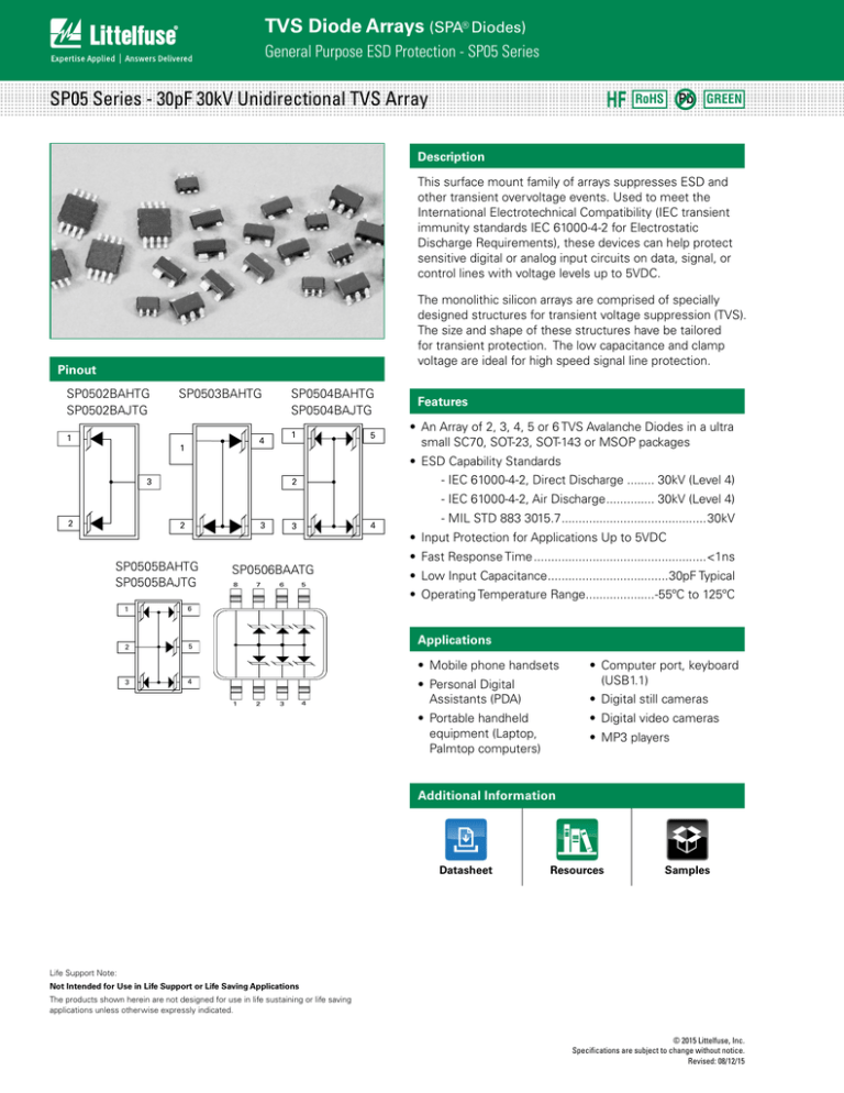TVS Diode Arrays SP05 Series - 30pF 30kV Unidirectional TVS Array TVS Diode Arrays SP05 Series - 30pF 30kV Unidirectional TVS Array