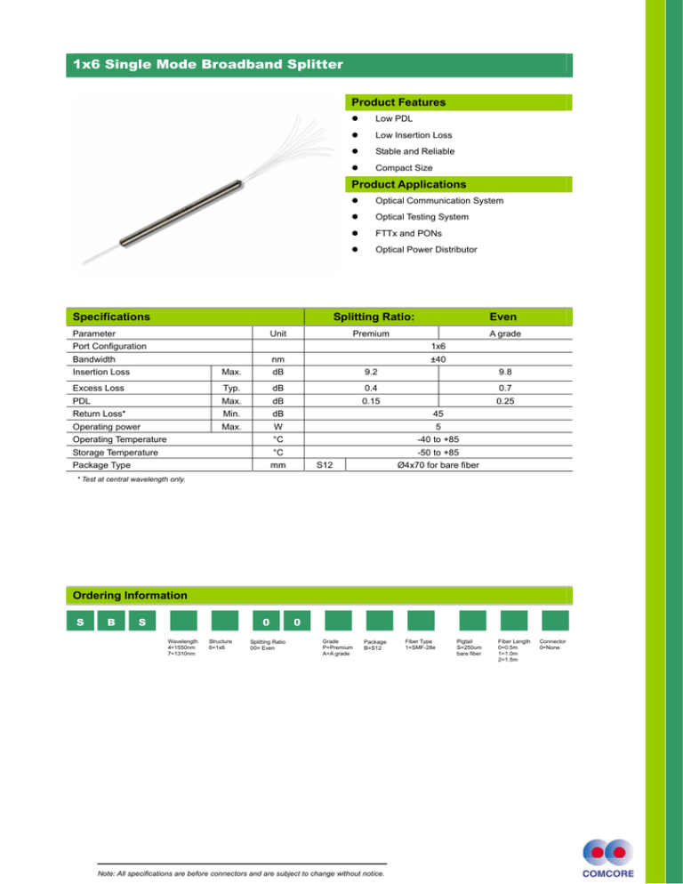 1x6 Single Mode Broadband Splitter Product Features Product Applications 1x6 Single Mode Broadband Splitter Product Features Product Applications