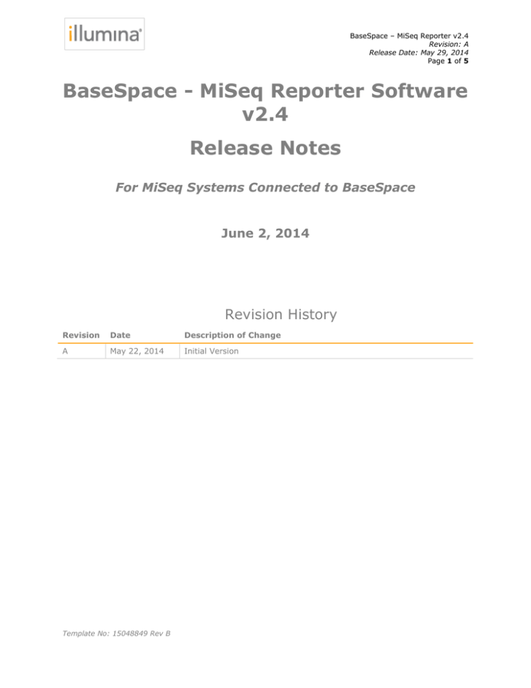 BaseSpace MiSeq Reporter Software v2.4 Customer Release Notes BaseSpace MiSeq Reporter Software v2.4 Customer Release Notes