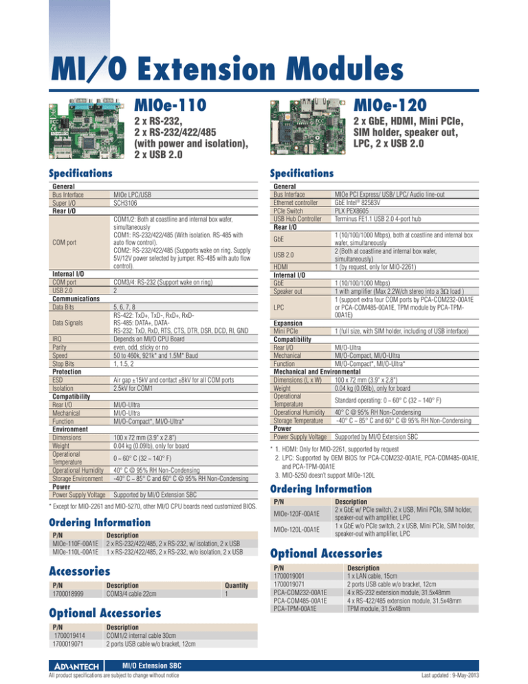 MI/O Extension Modules MIOe-110 2 x RS-232, 2 x RS-232/422/485 MI/O Extension Modules MIOe-110 2 x RS-232, 2 x RS-232/422/485