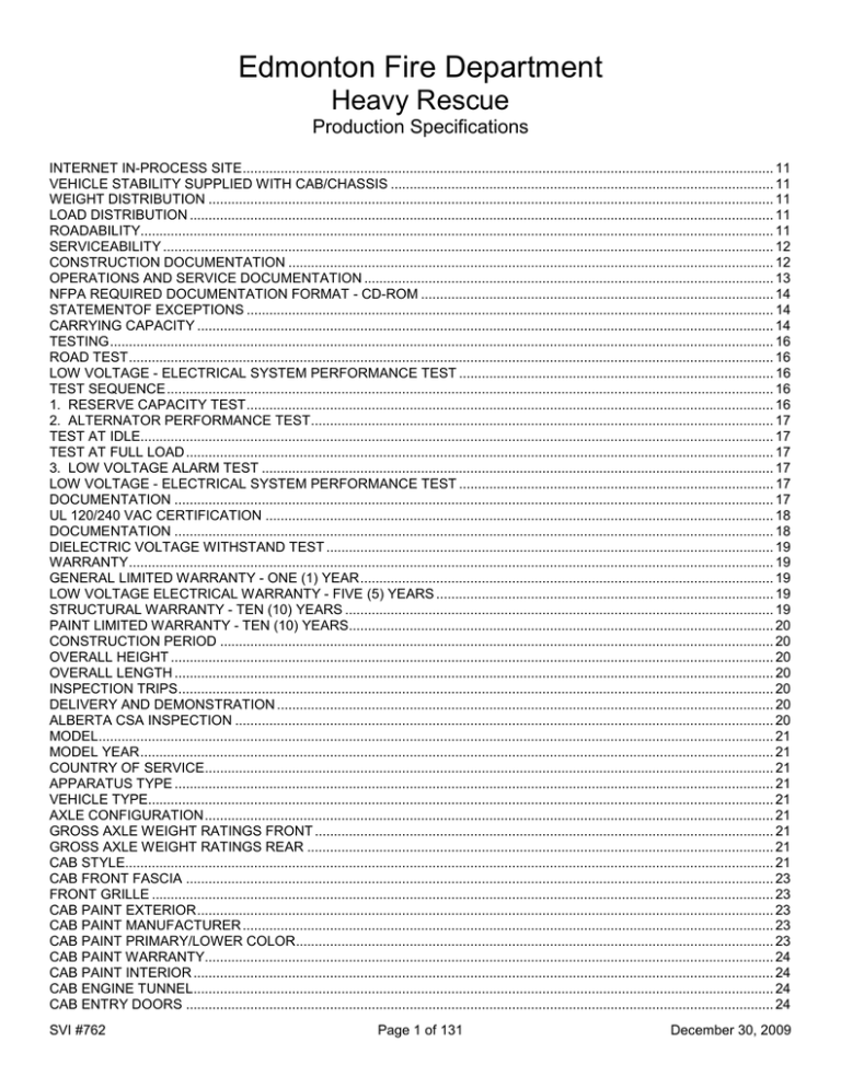 Edmonton Fire Department Heavy Rescue Production Specifications Edmonton Fire Department Heavy Rescue Production Specifications