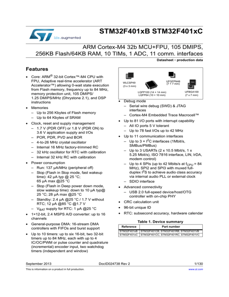 STM32F401xB STM32F401xC ARM Cortex-M4 32b MCU+FPU, 105 DMIPS, Features STM32F401xB STM32F401xC ARM Cortex-M4 32b MCU+FPU, 105 DMIPS, Features
