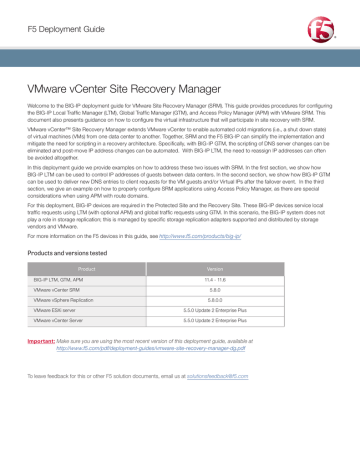 VMware vCenter Site Recovery Manager F5 Deployment Guide | Manualzz VMware vCenter Site Recovery Manager F5 Deployment Guide | Manualzz