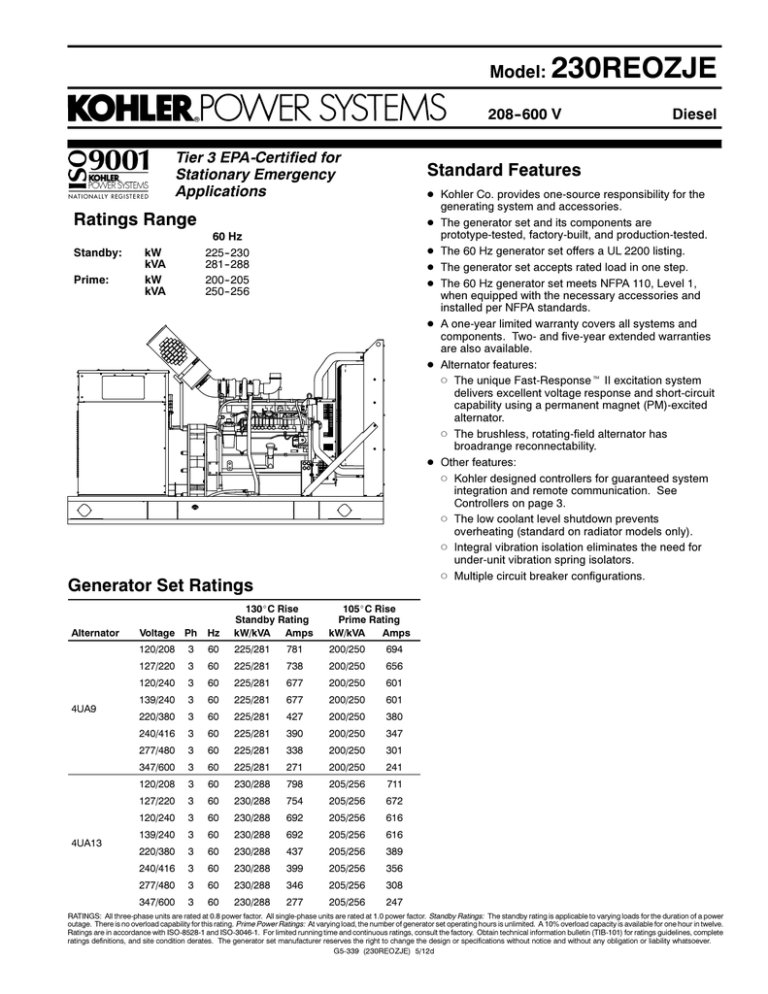 230 REOZJE Model: Standard Features 230 REOZJE Model: Standard Features