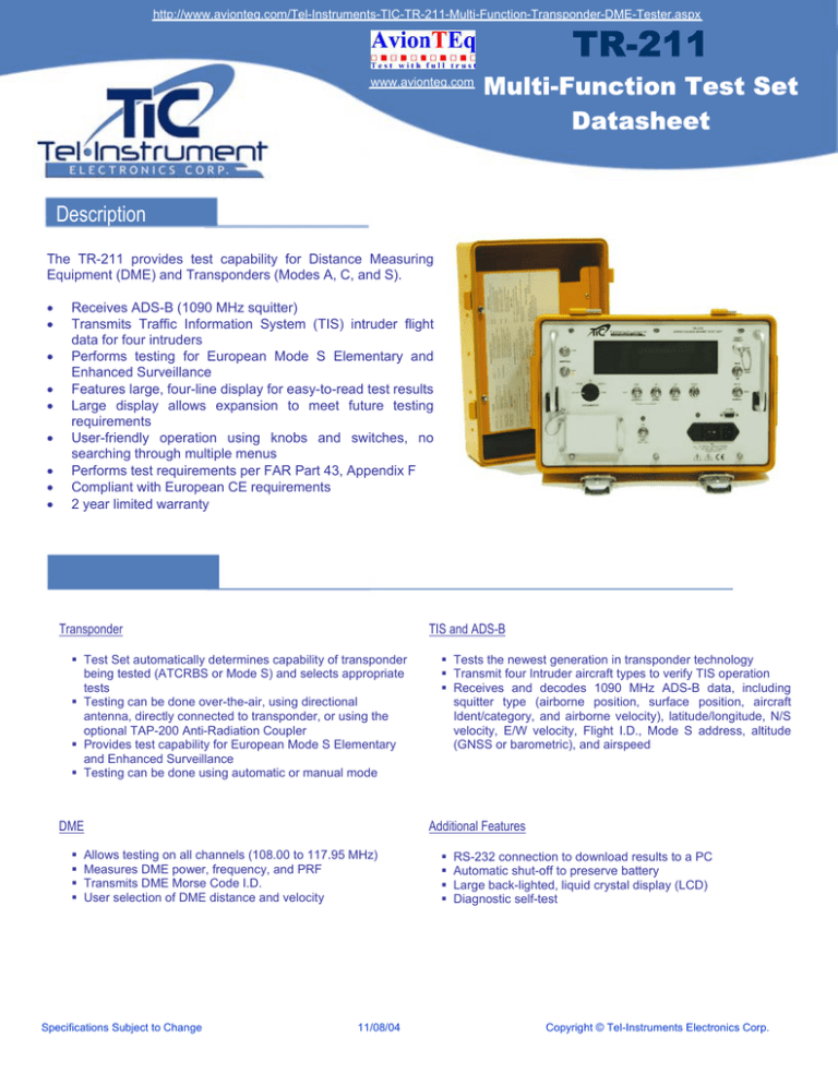 TR 211 specification sheet TR 211 specification sheet