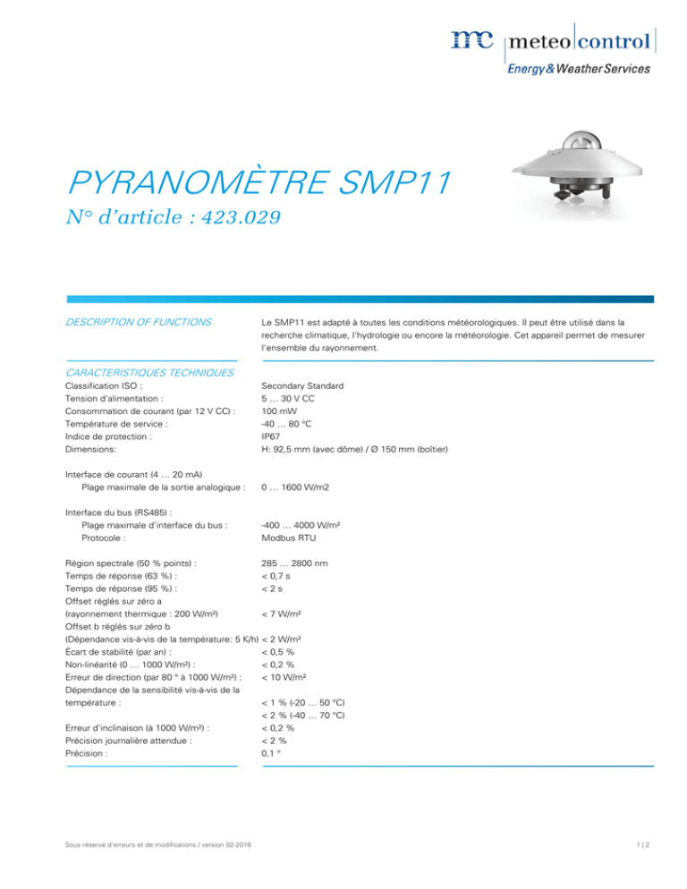 PYRANOMÈTRE SMP11 N° d’article : 423.029 DESCRIPTION OF FUNCTIONS PYRANOMÈTRE SMP11 N° d’article : 423.029 DESCRIPTION OF FUNCTIONS