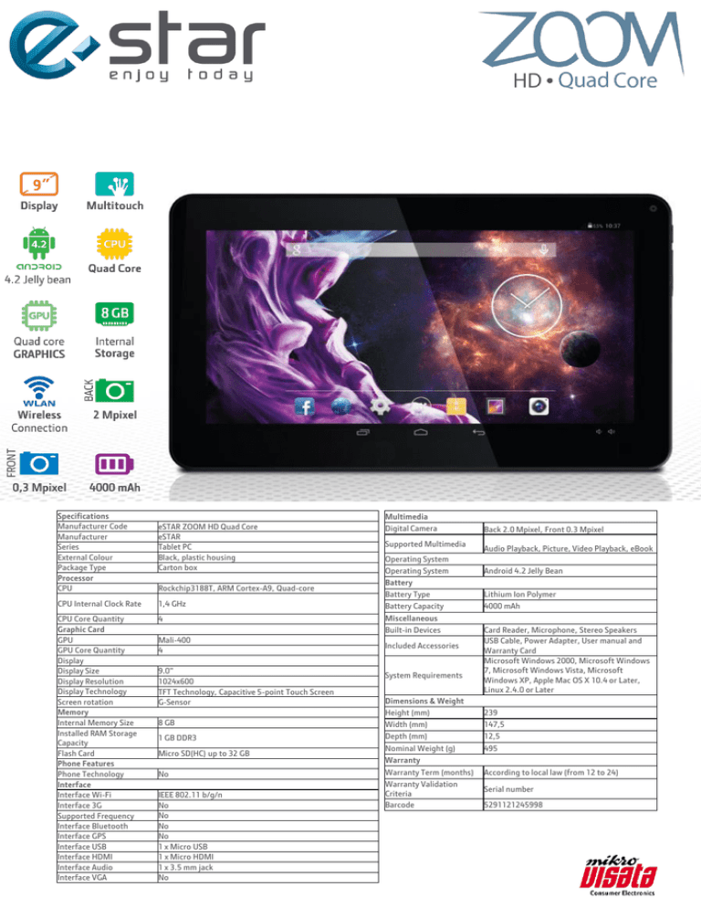 eSTAR ZOOM HD QUAD CORE techniniai duomenys eSTAR ZOOM HD QUAD CORE techniniai duomenys