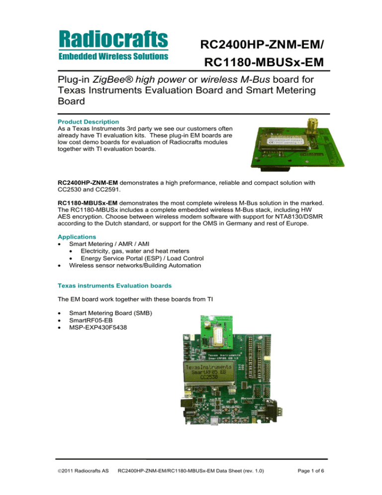 Radiocrafts RC2400HP-ZNM-EM/ RC1180-MBUSx-EM Radiocrafts RC2400HP-ZNM-EM/ RC1180-MBUSx-EM