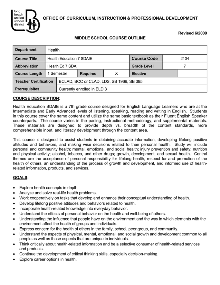 Health OFFICE OF CURRICULUM, INSTRUCTION & PROFESSIONAL DEVELOPMENT Course Code Health OFFICE OF CURRICULUM, INSTRUCTION & PROFESSIONAL DEVELOPMENT Course Code