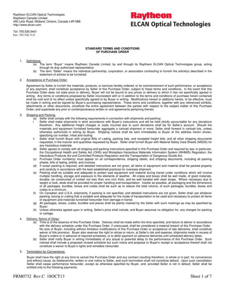 Raytheon ELCAN Standard Terms Conditions of Purchase Order Raytheon ELCAN Standard Terms Conditions of Purchase Order