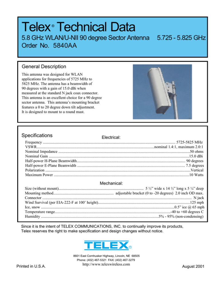 Telex 5840AA 5.8 GHz WLAN/U-NII 90 degree Sector Antenna Owner's manual Telex 5840AA 5.8 GHz WLAN/U-NII 90 degree Sector Antenna Owner's manual