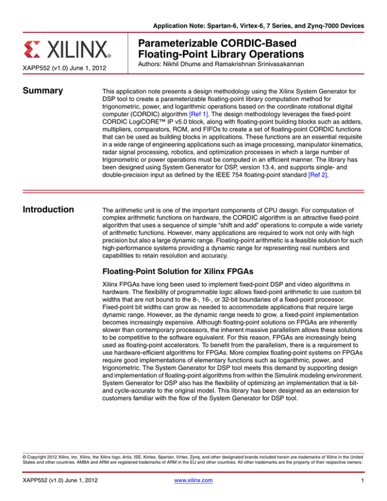 XAPP552 - Parameterizable CORDIC-Based Floating XAPP552 - Parameterizable CORDIC-Based Floating