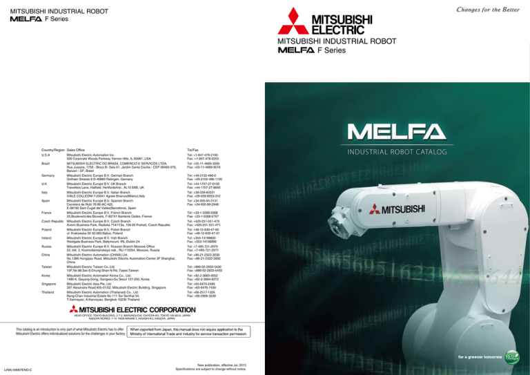 MITSUBISHI INDUSTRIAL ROBOT F Series Sales Office Country/Region MITSUBISHI INDUSTRIAL ROBOT F Series Sales Office Country/Region