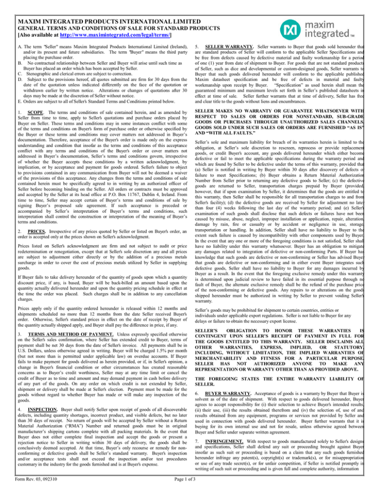 Terms and Conditions of Sale - Maxim Integrated International Ltd. Terms and Conditions of Sale - Maxim Integrated International Ltd.
