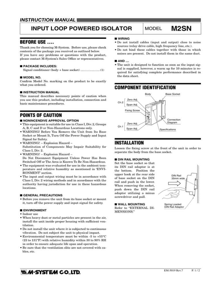 M2SN INPUT LOOP POWERED ISOLATOR BEFORE USE .... INSTRUCTION MANUAL M2SN INPUT LOOP POWERED ISOLATOR BEFORE USE .... INSTRUCTION MANUAL