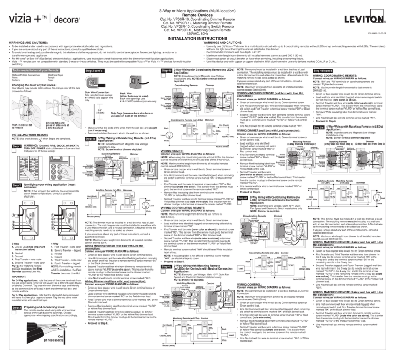 Leviton 011-VP00R-10Z, VP0SR-1LZ, VP0SR-10Z Instructions Leviton 011-VP00R-10Z, VP0SR-1LZ, VP0SR-10Z Instructions