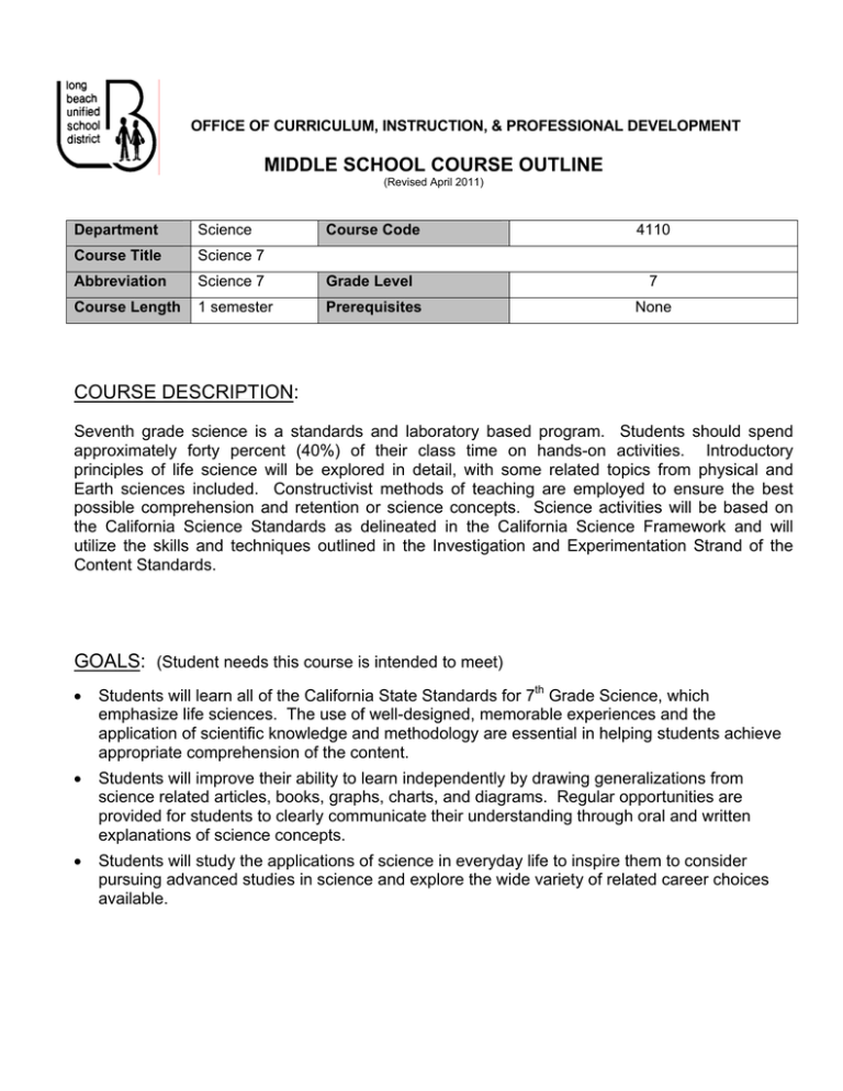 MIDDLE SCHOOL COURSE OUTLINE MIDDLE SCHOOL COURSE OUTLINE