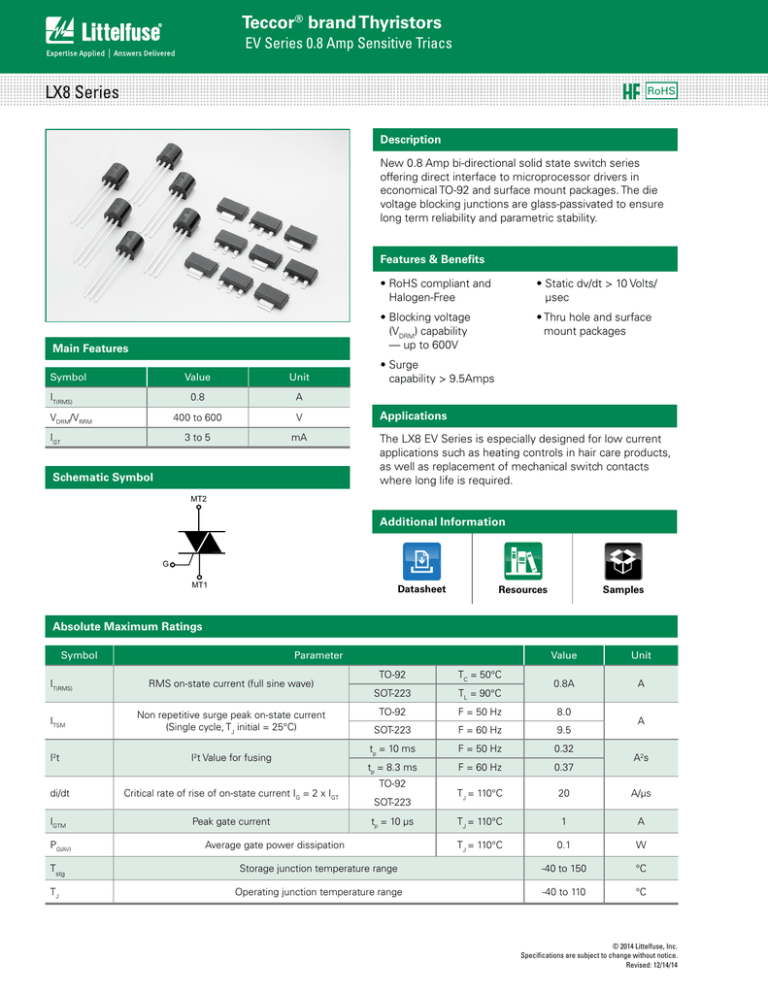 Switching Thyristors LX8 Series Datasheet Switching Thyristors LX8 Series Datasheet