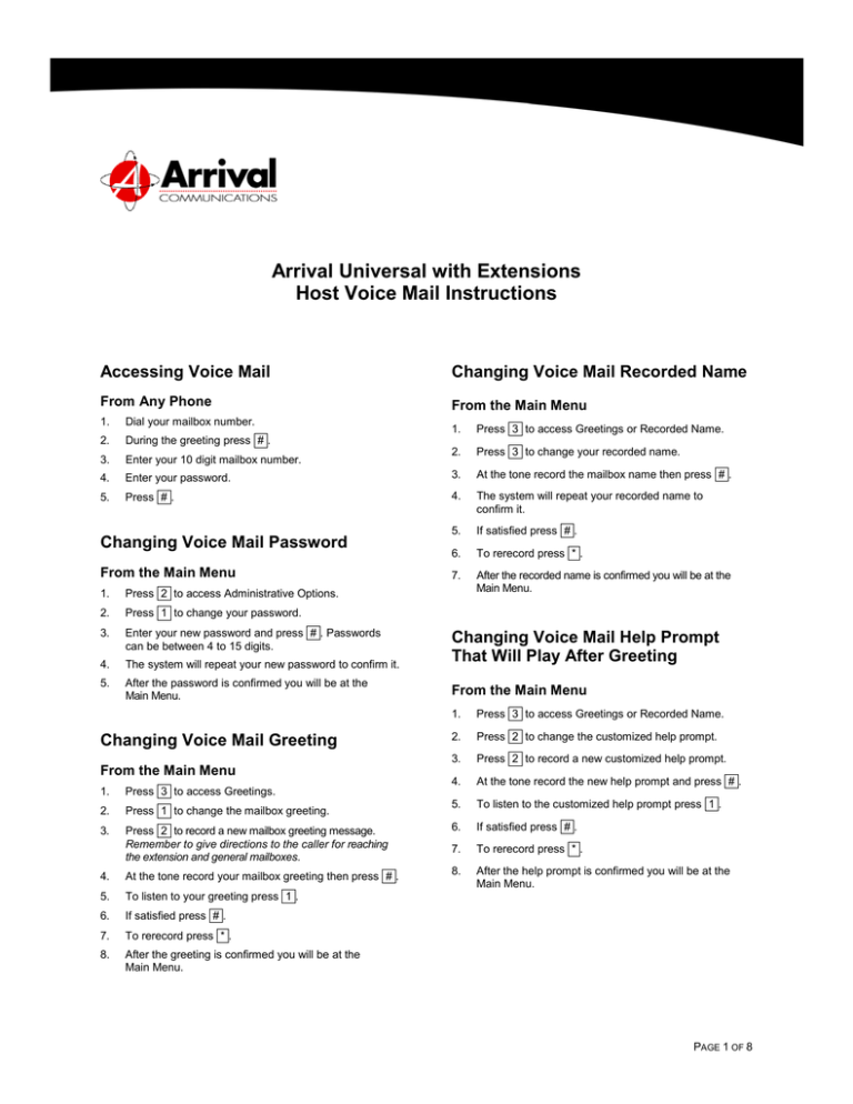 Universal Voicemail w/ Extensions Usage Instruction Universal Voicemail w/ Extensions Usage Instruction