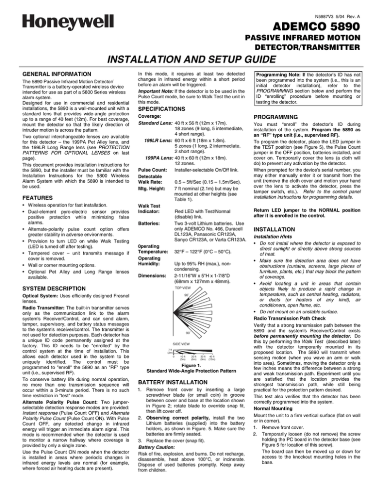 ADEMCO 5890 INSTALLATION AND SETUP GUIDE PASSIVE INFRARED MOTION DETECTOR/TRANSMITTER ADEMCO 5890 INSTALLATION AND SETUP GUIDE PASSIVE INFRARED MOTION DETECTOR/TRANSMITTER