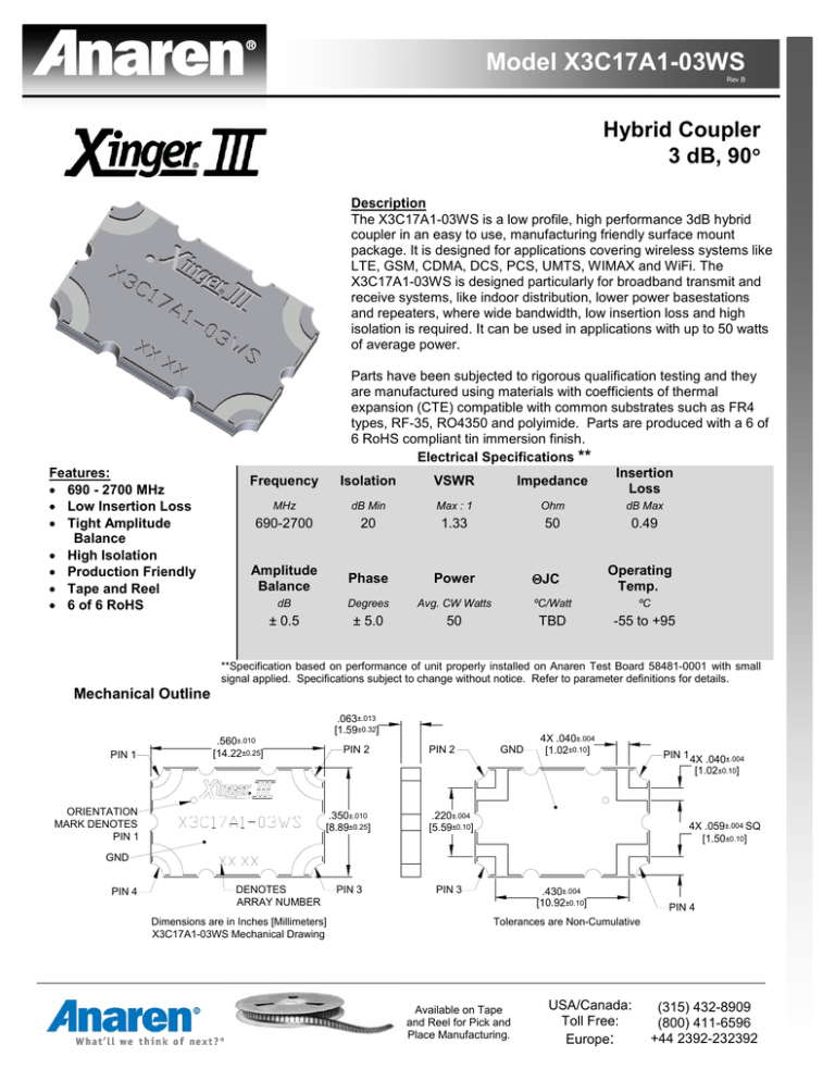 Model X3C17A1-03WS Hybrid Coupler 3 dB, 90 Model X3C17A1-03WS Hybrid Coupler 3 dB, 90