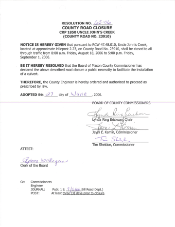 Road Closure � Agate Road (MP 2.23) Road Closure � Agate Road (MP 2.23)