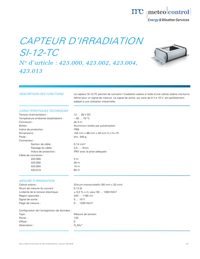 CAPTEUR D’IRRADIATION SI-12-TC N° d'article : 423.000, 423.002, 423.004, 423.013 CAPTEUR D’IRRADIATION SI-12-TC N° d'article : 423.000, 423.002, 423.004, 423.013