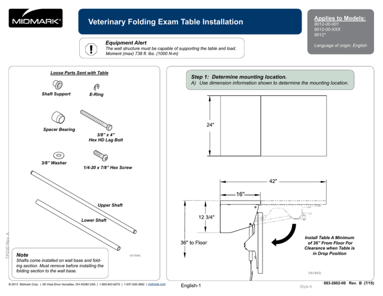 Midmark Veterinary Folding Exam Table Installation guide Midmark Veterinary Folding Exam Table Installation guide