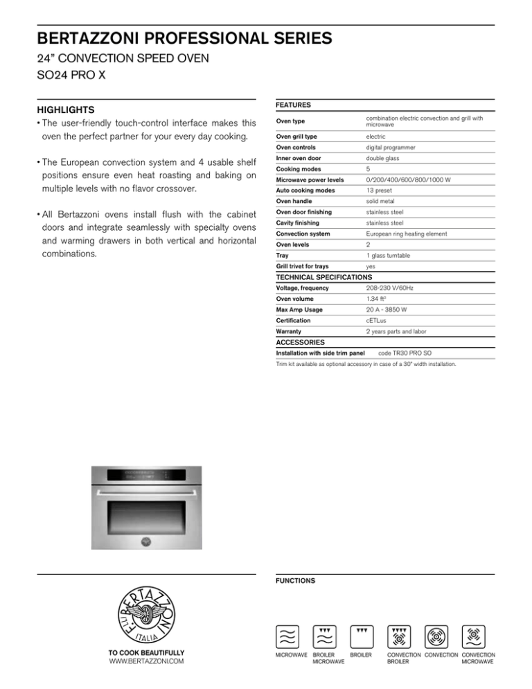 Bertazzoni SO24PROX Specification Bertazzoni SO24PROX Specification