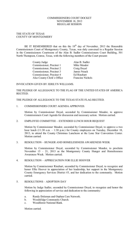 COMMISSIONERS COURT DOCKET NOVEMBER 18, 2013 REGULAR SESSION COMMISSIONERS COURT DOCKET NOVEMBER 18, 2013 REGULAR SESSION