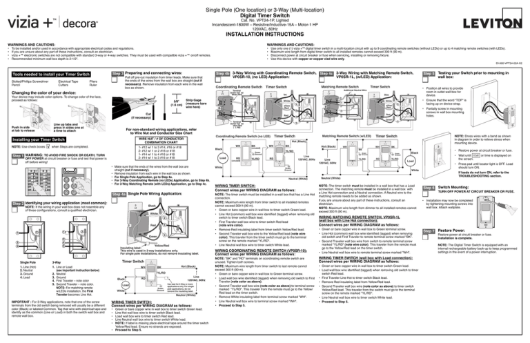 Leviton VPT24-1PZ ViziaRF + 24 Hour Programmable Timer, 120VAC Installation Manual () Leviton VPT24-1PZ ViziaRF + 24 Hour Programmable Timer, 120VAC Installation Manual ()