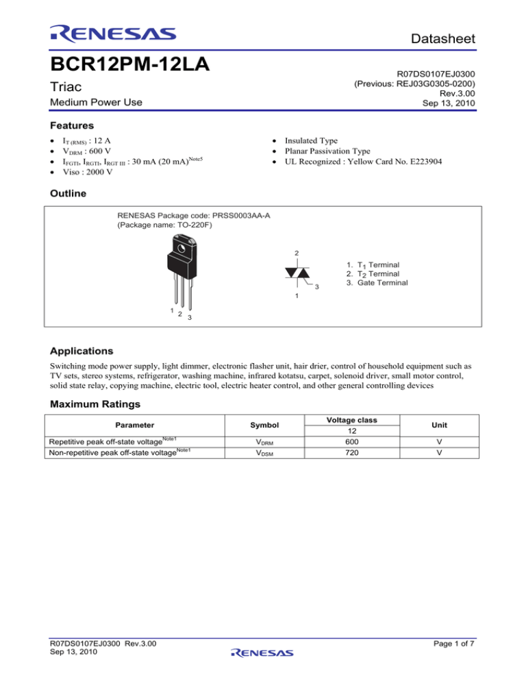 BCR12PM-12LA Datasheet BCR12PM-12LA Datasheet