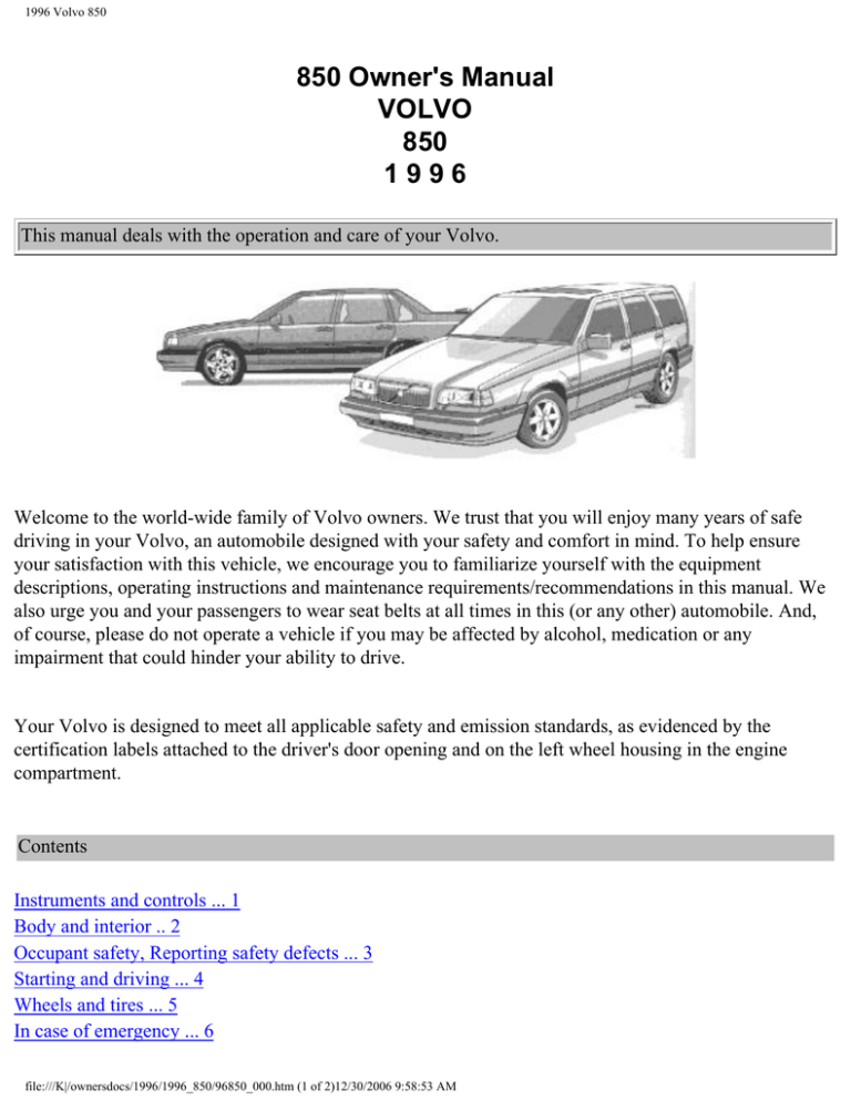 850 Owner's Manual VOLVO 850 1 9 9 6 850 Owner's Manual VOLVO 850 1 9 9 6