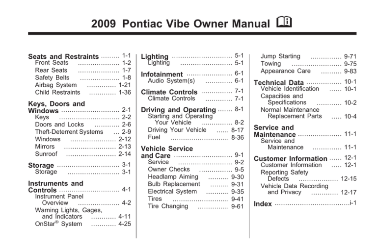 2009 Pontiac Vibe Owners Manual 2009 Pontiac Vibe Owners Manual