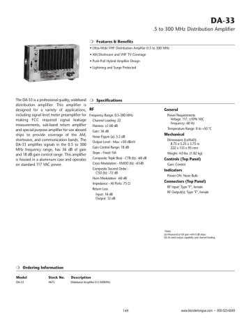 DA-33 .5 to 300 MHz Distribution Amplifier Features & Benefits DA-33 .5 to 300 MHz Distribution Amplifier Features & Benefits