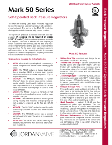 Mark 50 Series Self-Operated Back Pressure Regulators Back Pressure Regulat Mark 50 Series Self-Operated Back Pressure Regulators Back Pressure Regulat