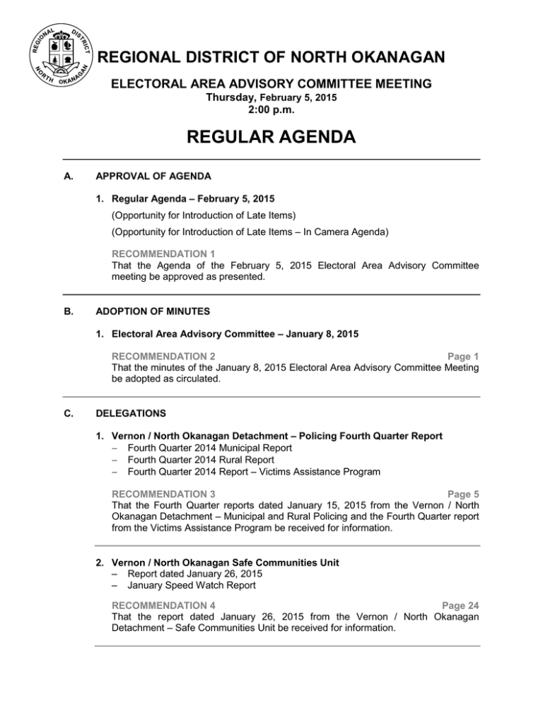 REGULAR AGENDA REGIONAL DISTRICT OF NORTH OKANAGAN ELECTORAL AREA ADVISORY COMMITTEE MEETING Thursday, REGULAR AGENDA REGIONAL DISTRICT OF NORTH OKANAGAN ELECTORAL AREA ADVISORY COMMITTEE MEETING Thursday,