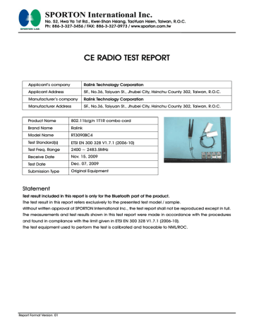 RT3090BC4_CE RF Test Report_Bluetooth _EN300328 test report AW RT3090BC4_CE RF Test Report_Bluetooth _EN300328 test report AW