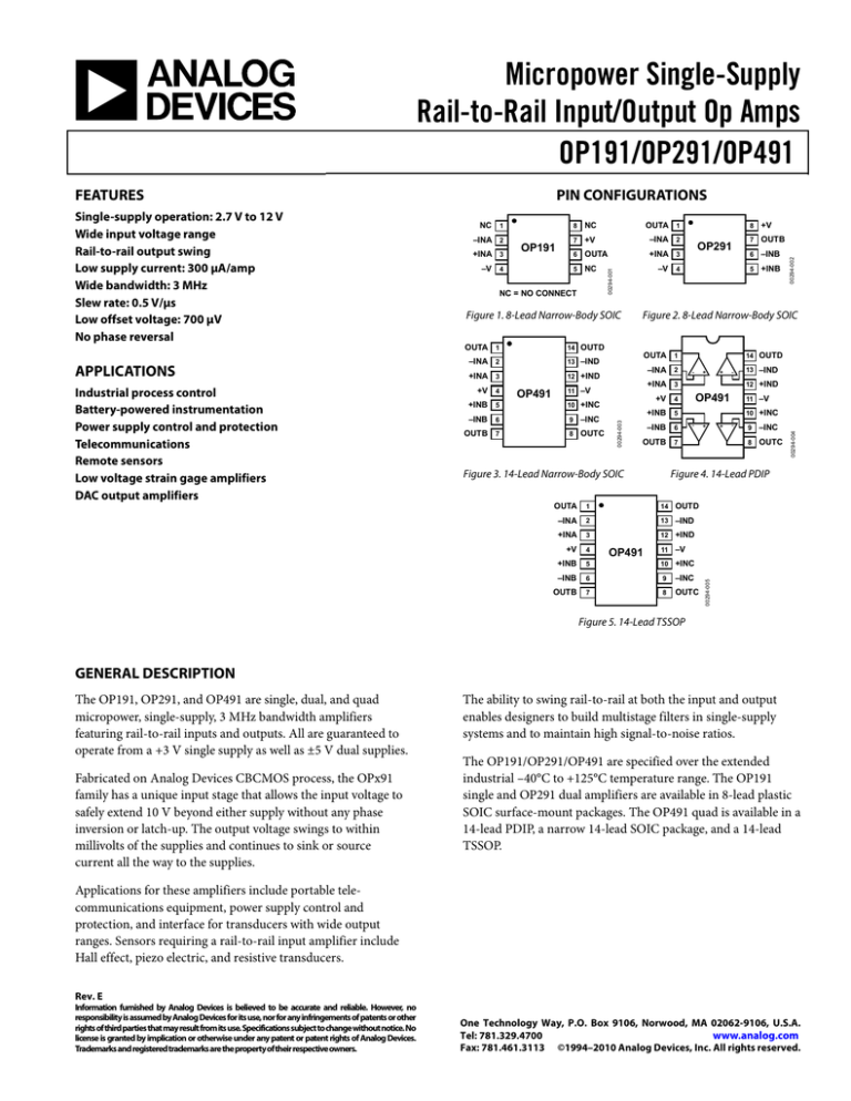 Micropower Single-Supply Rail-to-Rail Input/Output Op Amps OP191/OP291/OP491 Micropower Single-Supply Rail-to-Rail Input/Output Op Amps OP191/OP291/OP491