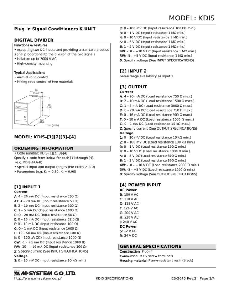MODEL: KDIS Plug-in Signal Conditioners K-UNIT MODEL: KDIS Plug-in Signal Conditioners K-UNIT