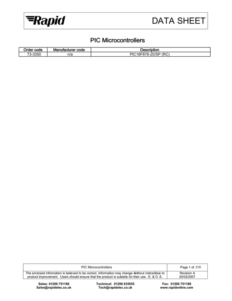 DATA SHEET PIC Microcontrollers DATA SHEET PIC Microcontrollers