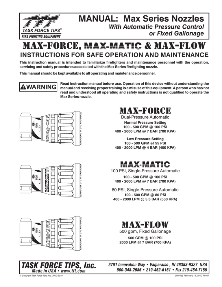 MAX-FORCE, & max-flow maxmatic MANUAL: Max Series Nozzles MAX-FORCE, & max-flow maxmatic MANUAL: Max Series Nozzles