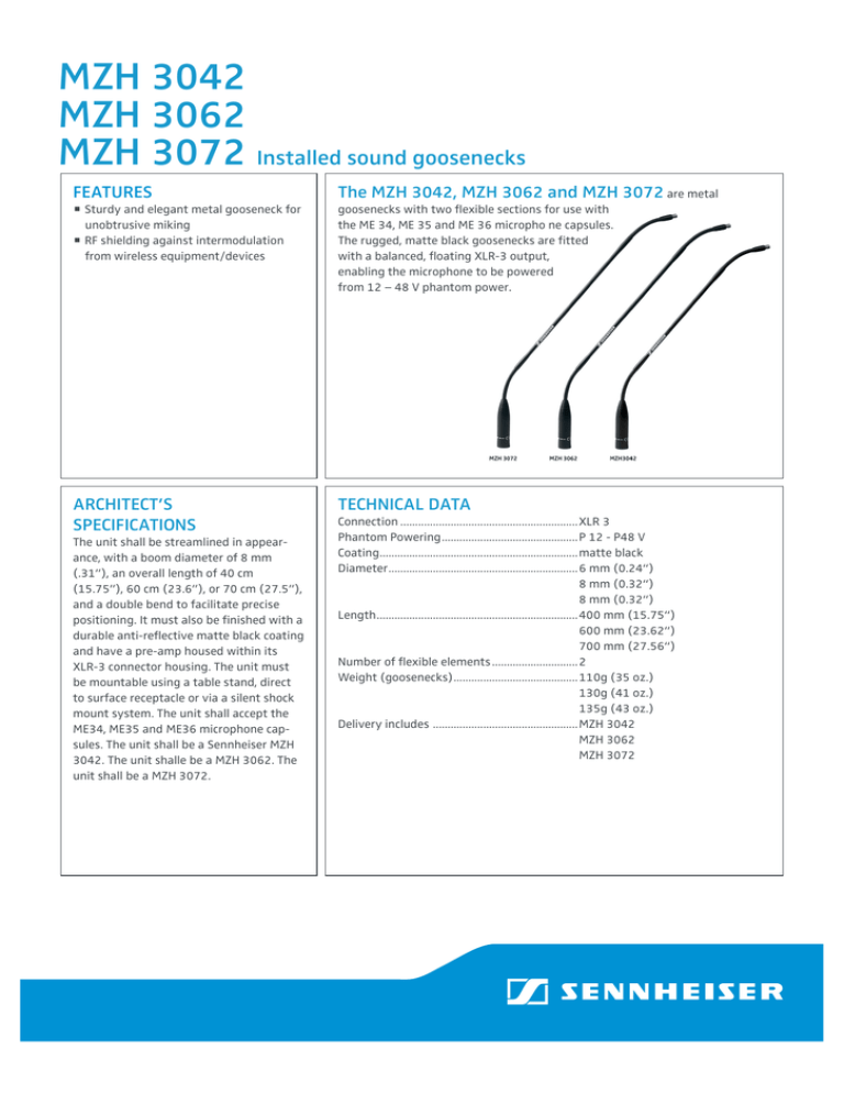 Sennheiser MZH 3062, MZH 3042, MZH 3072 Specification Sennheiser MZH 3062, MZH 3042, MZH 3072 Specification