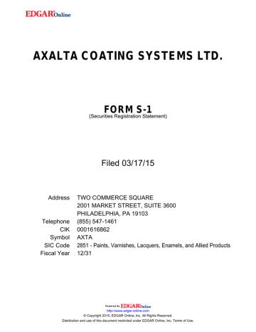 AXALTA COATING SYSTEMS LTD. FORM S-1 Filed 03/17/15 AXALTA COATING SYSTEMS LTD. FORM S-1 Filed 03/17/15